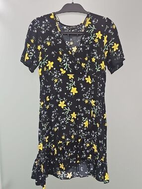 Zara Black Mini Dress with Yellow Floral Print and Green Accents